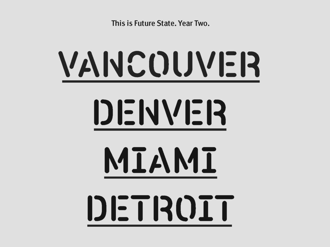 An image that shows the cities of Future State: Vancouver, Denver, Miami, and Detroit.