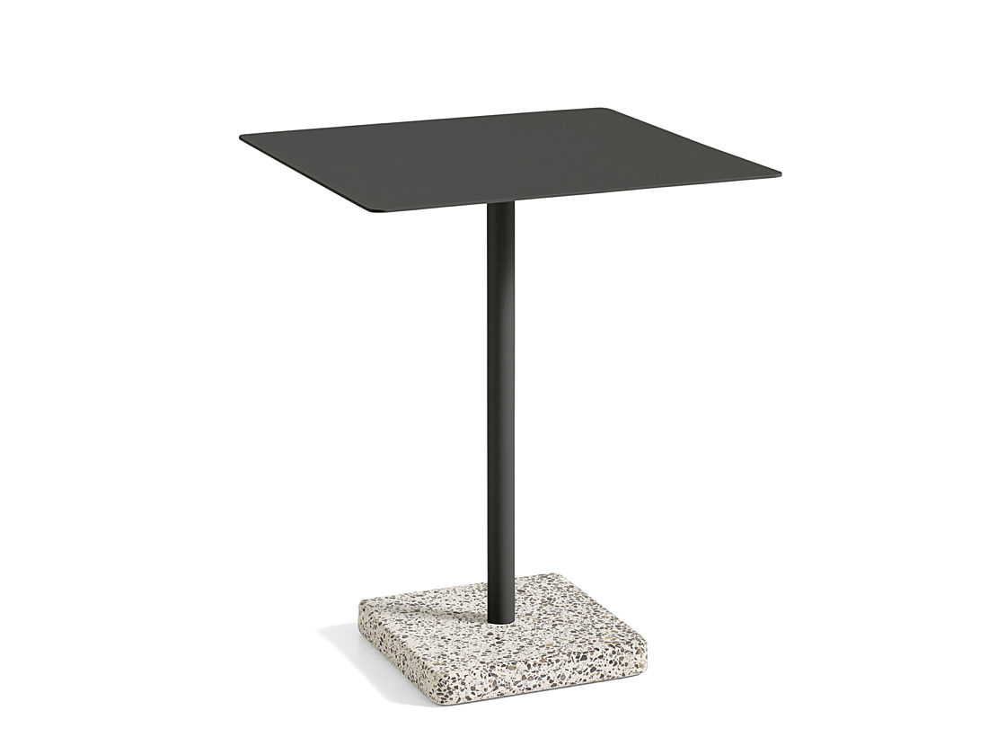 A HAY Terrazzo Table with a square black top and grey terrazzo base on a white background.