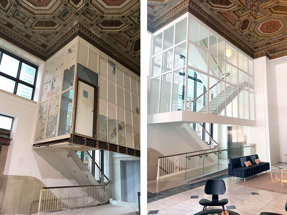 An image of the stairs in the main lobby of our Detroit headquarters being built next to an image of the stairs in the finished lobby.