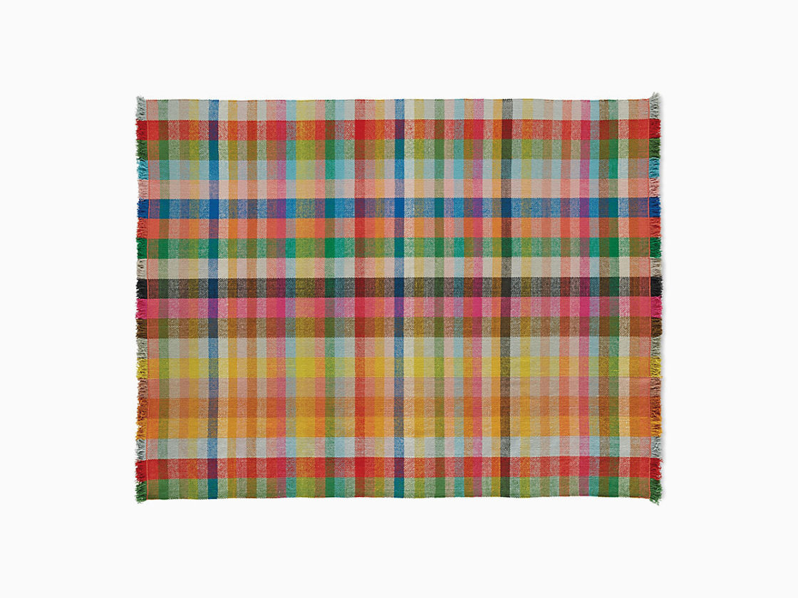 An image of a rainbow colored basketwoven wool Multitone Maharam Rug on a white background.
