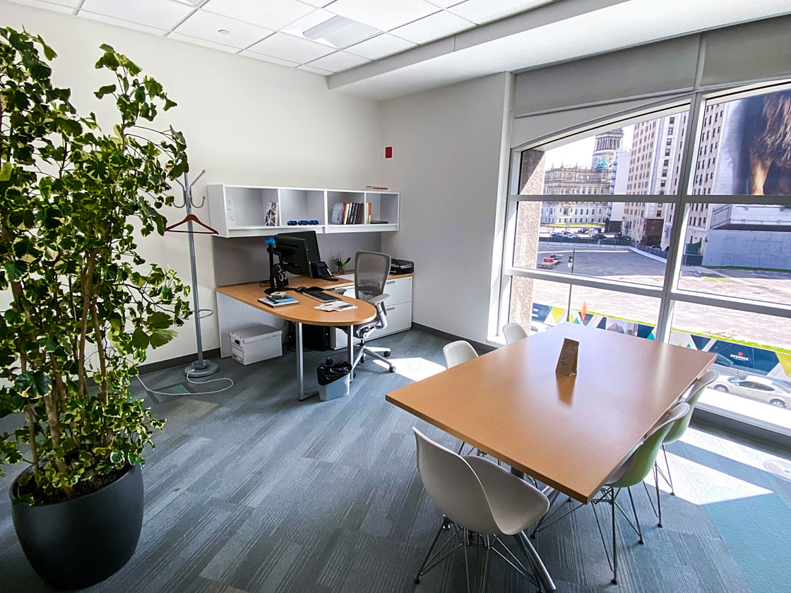 An image of an office with a L-shaped desk with a task chair and a rectangular table with 5 Eames shell chairs and a large plant.