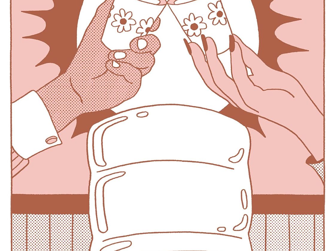 An illustration of two hands using cups to toast at a water cooler.