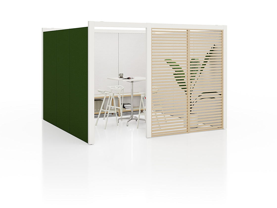 A 4-sided Overlay Meeting Space with green fabric exterior walls, a door, one slatted wood wall, and an interior lined with whiteboards.