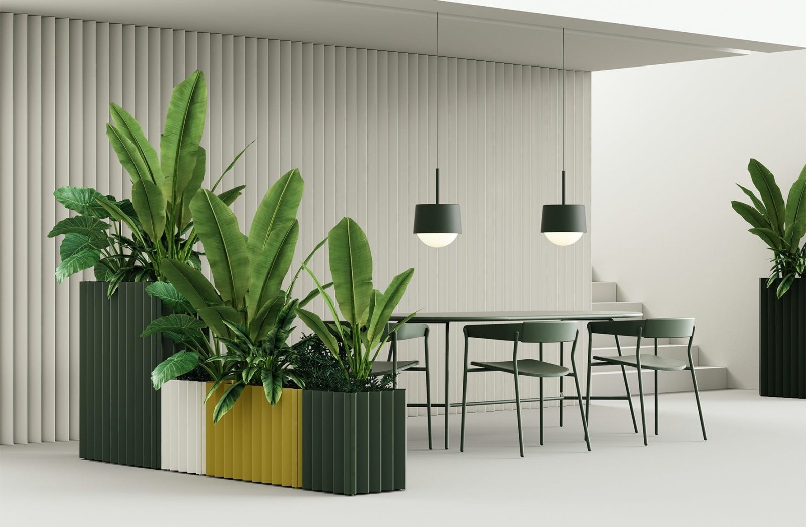 Grey, white, and yellow planters with tall green plants in front of a long table surrounded by chairs.