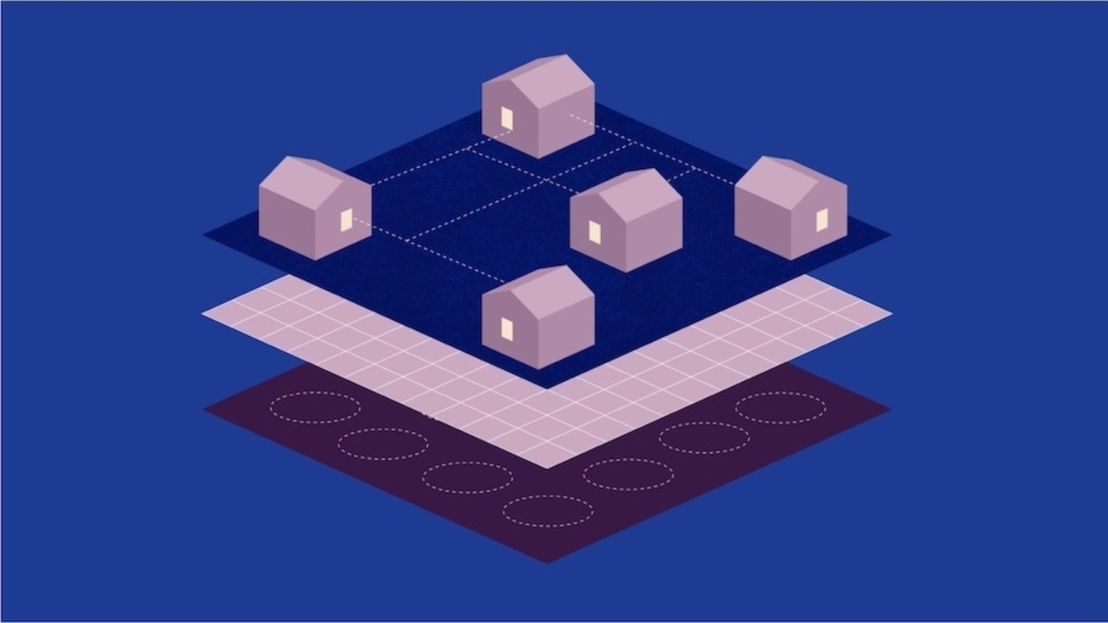 A graphic of purple houses on stacked multicolored squares on a blue background.