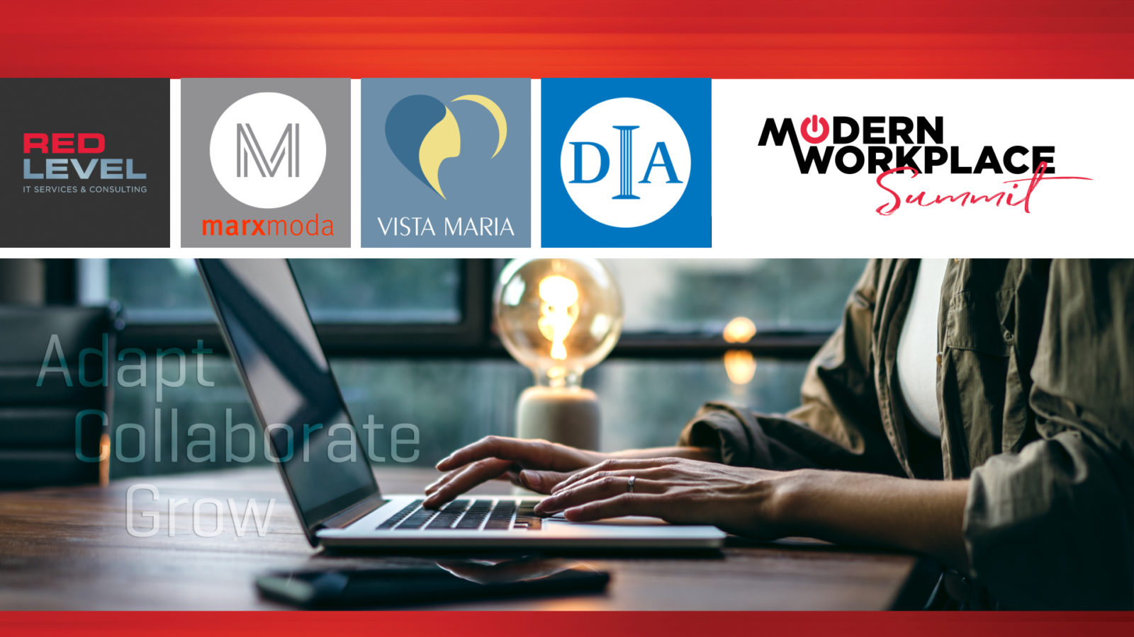 A flyer for the Red Level Modern Workplace Summit with logos from MarxModa, the DIA, and Visa Maria.