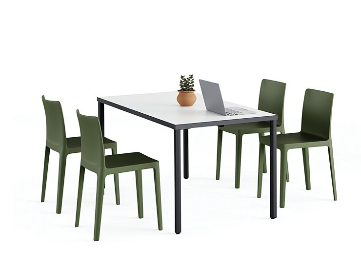 An OE1 Rectangular Table with a navy frame and white top surrounded by sage green chairs.