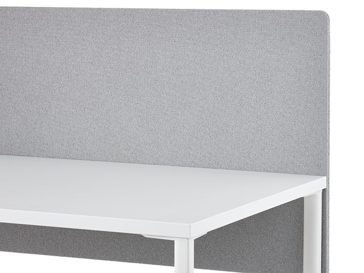 A grey fabric screen attached to the surface of a white OE1 Rectangular Table.