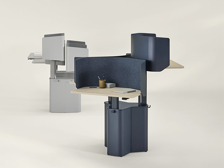 A navy blue double OE1 Micro Pack with privacy screens next to a grey double OE1 Micro Pack with privacy screens.