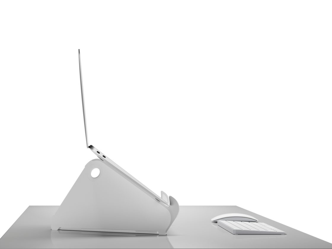 A side view of an Oripura Laptop Stand holding a laptop positioned in front of a keyboard and mose on a white work surface,